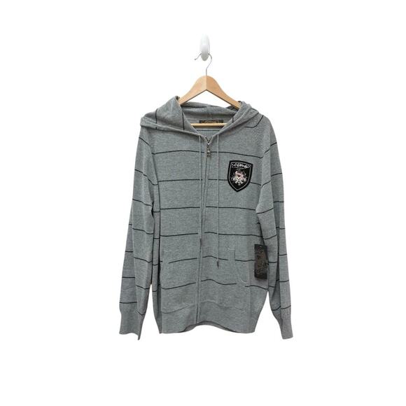 NWT Ed Hardy Mens Patch Knitted Striped Zip Up Hoodie Sweater Gray Size XL - Picture 1 of 10